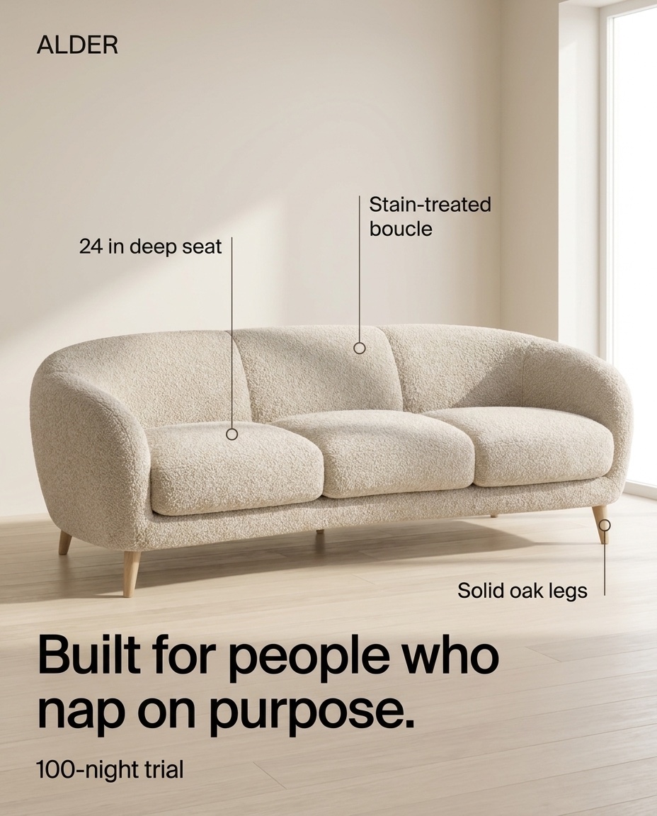 A spec callouts ad for the demo brand Alder