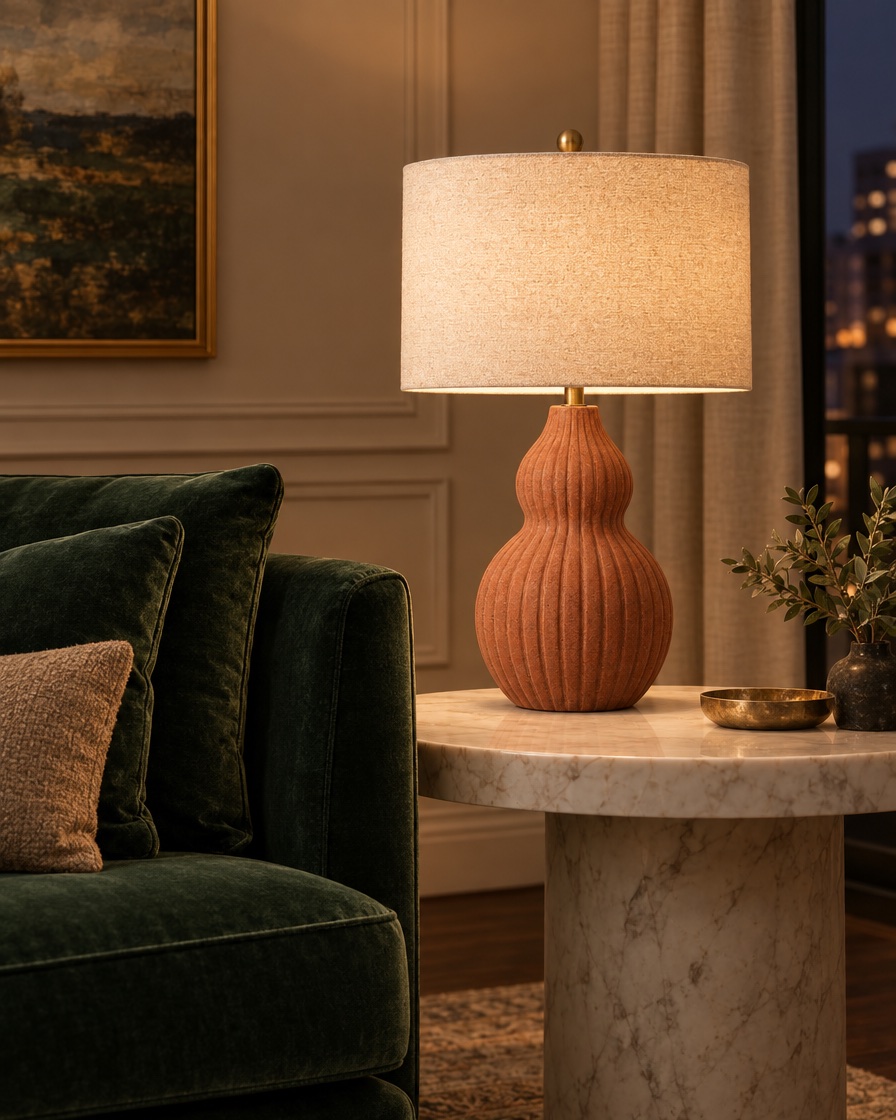 The same lamp placed in a hotel living scene