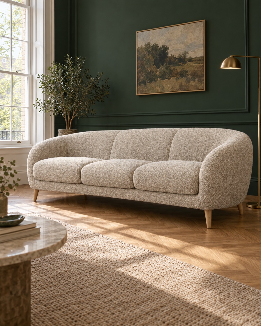 Test 5 of 6: the same sofa in a green room, low angle scene