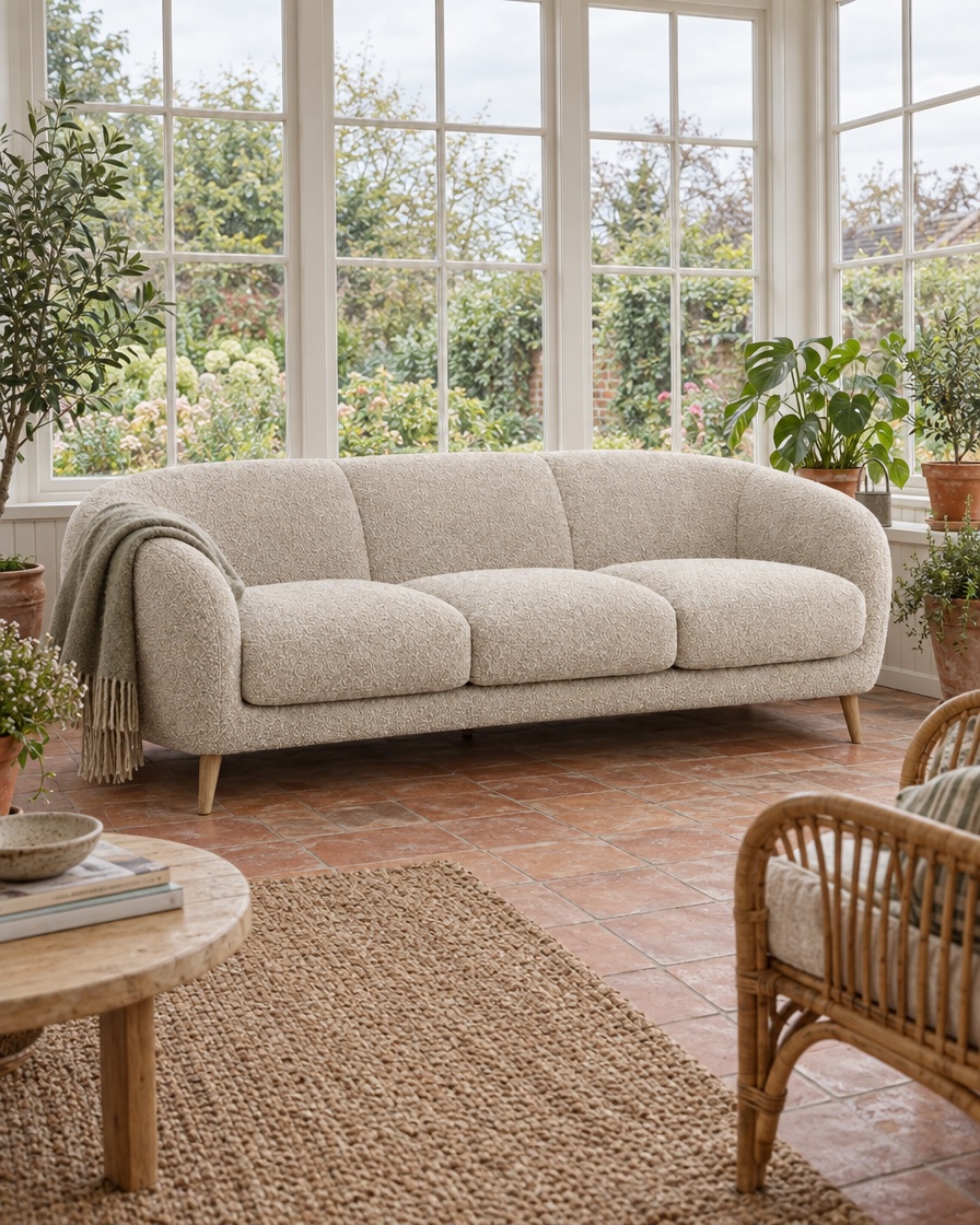 Test 6 of 6: the same sofa in a sunroom, three-quarter scene
